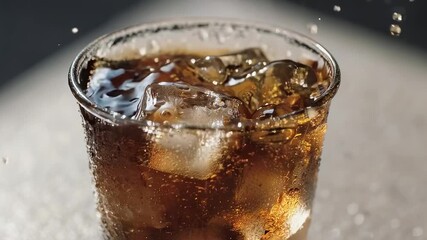 Close up of a glass filled with ice cubes and a brown liquid with condensation and splashing - Powered by Adobe