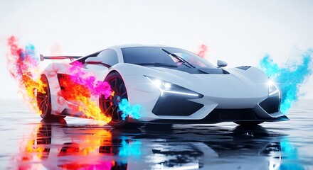 White Sports Car with Colorful Smoke and Reflections on Wet Surface image stock