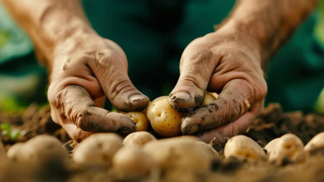 Grounded Harvest: A pair of weathered hands cradle freshly harvested potatoes amidst the fertile soil, symbolizing the fruits of labor and connection to the earth.