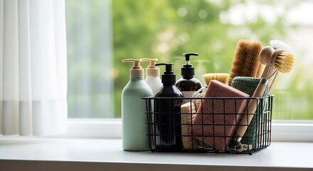 Eco-friendly cleaning supplies in a wire basket create a fresh and natural atmosphere perfect for sustainable lifestyle brands or home cleaning product ads