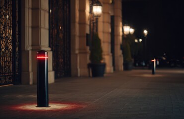 Red lit parking bollards on walkway restricting vehicle access