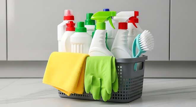 Cleaning supplies in a basket ready for a fresh start, offering a sparkling home, perfect for spring cleaning campaigns and organizational content
