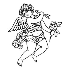 classical cherub holding rose and arrow vector line art