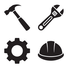 Construction Icon Vector Set – Hammer, Wrench, Gear & Hard Hat Silhouettes for Engineering & Safety Graphics