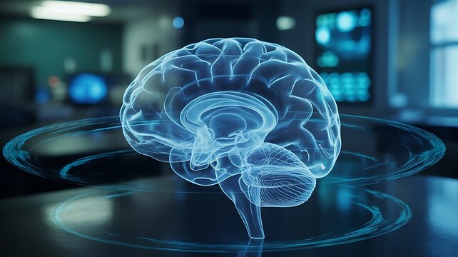 Transparent blue human brain hologram with glowing rings ,  glowing, rings, technology, science, medical