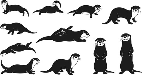 Cartoon otter illustration set, black and white otters, playful animals, cute poses, wildlife clipart, expressive characters, nature, fun