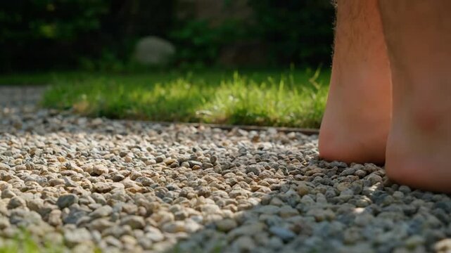 Experiencing a custom landscaped gravel walkway barefoot, a satisfying and simple home improvement project that connects you with your garden
