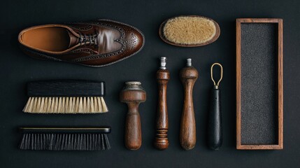 shoe care set with black leather loafer and brushes 