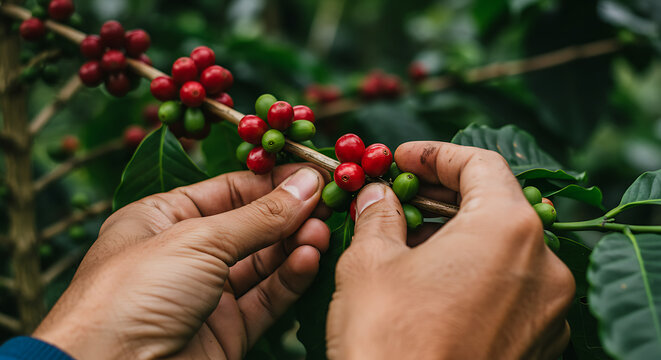 Close-up of hands picking ripe red and unripe green coffee cherries from a branch.