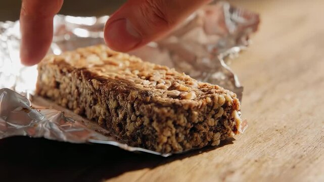 A partially unwrapped granola bar on a wooden surface with a metallic wrapper visible on the left side