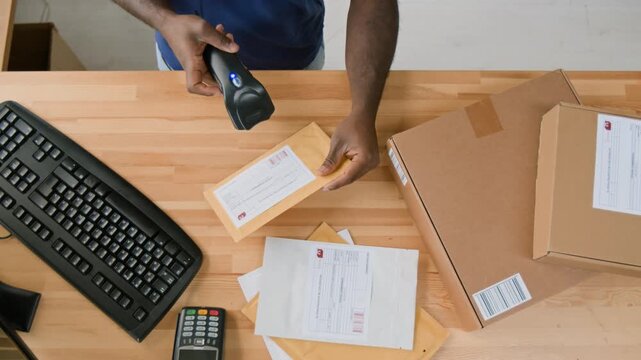 Top view of hands of unrecognizable black male customer service associate scanning barcodes on parcels and envelopes, then typing on computer while preparing orders for courier shipment in office