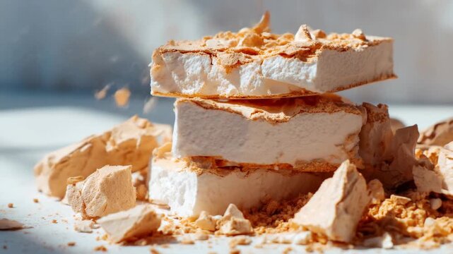 Stacked white fluffy meringue dessert with crispy beige crumbs sweet snack close up food photography