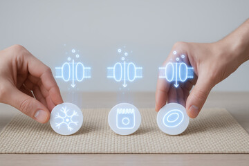 Facilitated diffusion concept with human hands holding tokens representing neuron, memory chip, and blood cell with glowing icons above