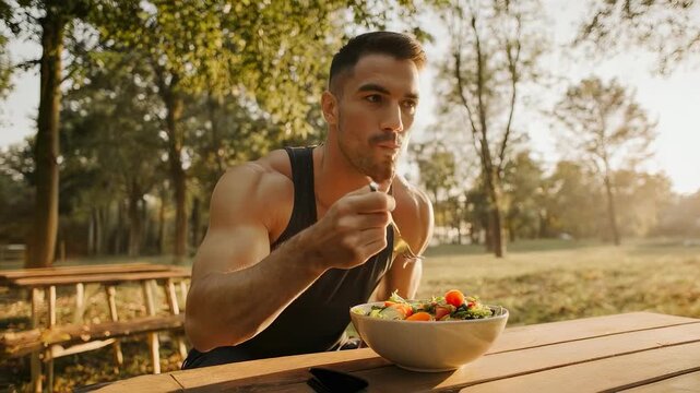 Muscular man in tank top eating salad at picnic table in park on sunny day for healthy lifestyle