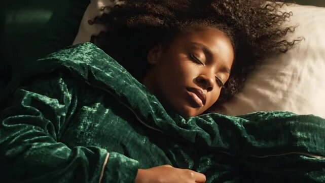 Black woman sleeping peacefully in sunlit bed