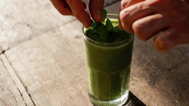 A glass of green smoothie with mint leaves on top on a wooden surface in a well lit environment