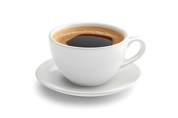 White ceramic cup of fresh hot black coffee with rich brown crema on a matching saucer, isolated for design use