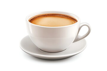 Fototapeta premium White ceramic cup on a saucer containing hot milk coffee beverage with a rich crema, isolated on white background