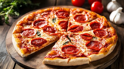 Slices of pepperoni pizza with melted cheese and fresh basil resting on a rustic wooden cutting board