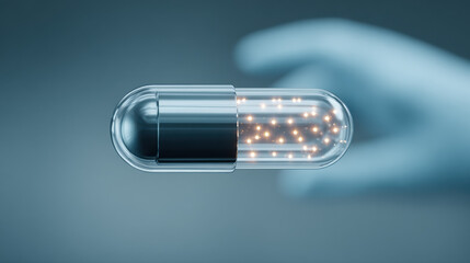 Pill Capsule with Tiny Particles Inside Advanced Medication Concept
