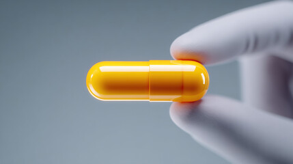 Close-up of a hand in a glove holding a yellow capsule, medical concept