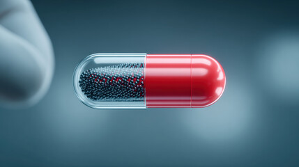Microscopic view of a capsule filled with tiny dark particles, suggesting medical treatment or scientific research with a clean, sterile background