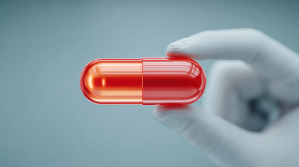 Gloved hand presenting a vibrant red and orange medication capsule, symbolizing healthcare, treatment, and pharmaceutical advancements in medicine and well-being
