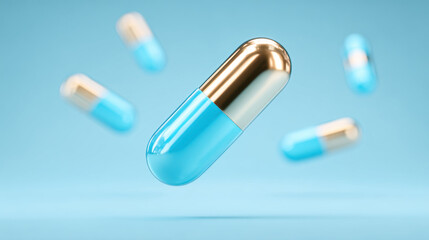 Blue and gold capsule pills in the air, medicine and healthcare concept