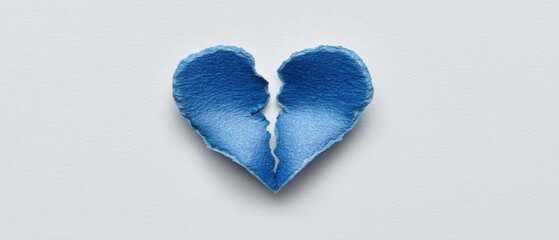 A poignant visual of a broken heart, meticulously crafted from torn blue fabric and set against a stark white backdrop, evoking feelings of sadness, loss, and the pain of separation