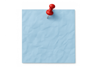 Blue crumpled paper note with red pushpin on transparent background, a reminder or message concept