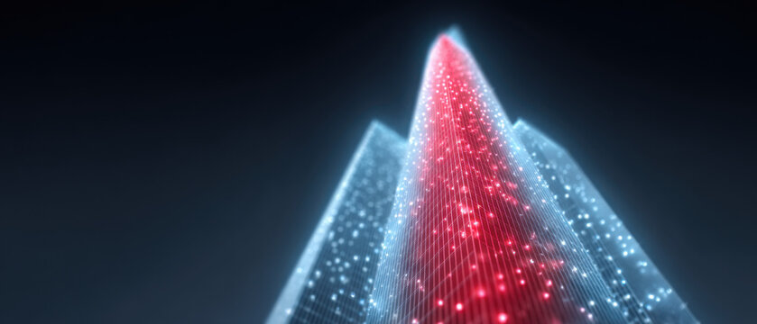 Futuristic Cityscape with Towering Digital Structures and Red Accents