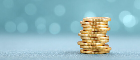 A precise stack of gleaming gold coins symbolizing financial growth, investment, and economic stability, set against a soft, defocussed teal background with subtle bokeh lights