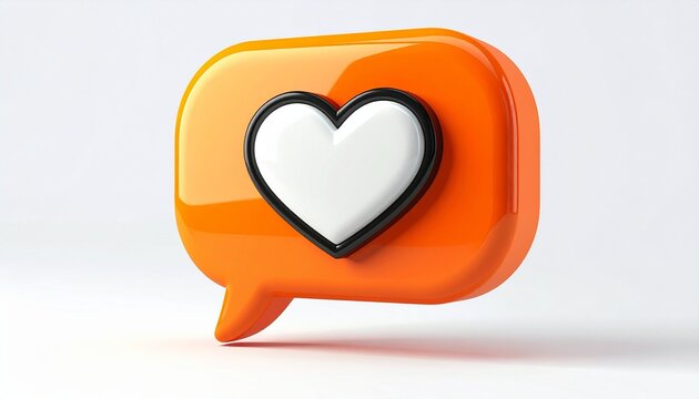 3d orange speech bubble with white heart icon isolated on transparent background