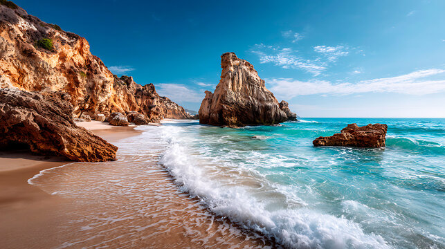 Empty beach showing golden rock formations, clear turquoise water, and gentle waves under a bright blue sky - Powered by Adobe