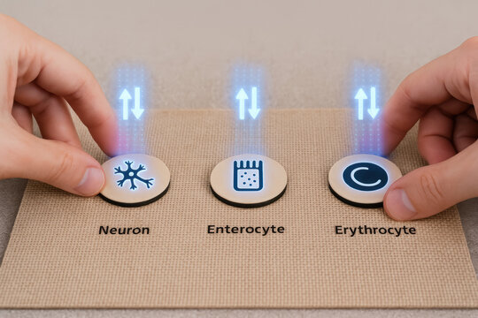 Neuron enterocyte erythrocyte concept with hands facilitating diffusion of substances through cell membranes in scientific context