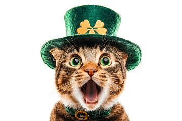Young tabby cat with wide green eyes and open mouth wearing a green leprechaun hat and collar, celebrating Irish holiday