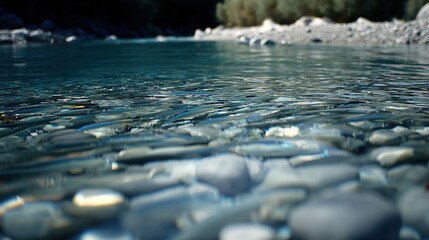 Clear river water with pebbles, in natural outdoor setting with rocky shoreline, close up, copy space.