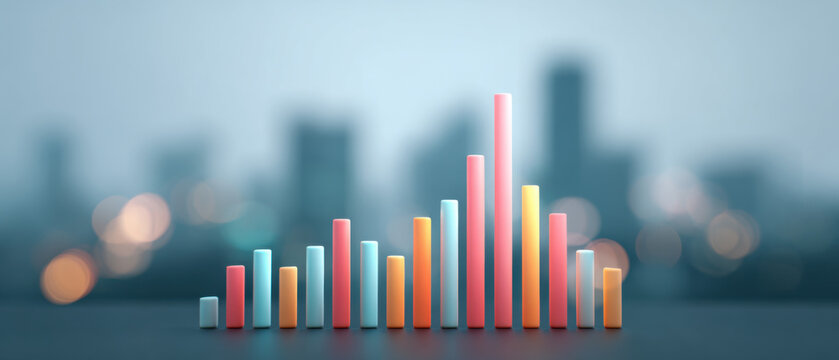 Vibrant bar graph illustrating market trends and financial growth, set against a modern urban skyline, symbolizing economic progress and data-driven business insights within a city