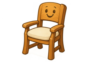Wooden armchair with a friendly smiling face and soft cushion, a happy cartoon furniture illustration for kids