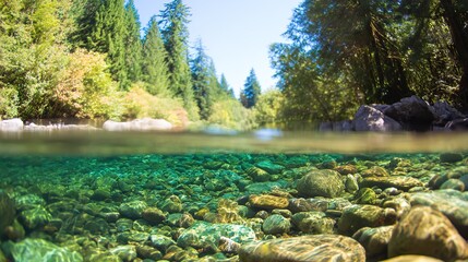 Half - underwater view of clear river with rocks, in forest landscape under blue sky, copy space.