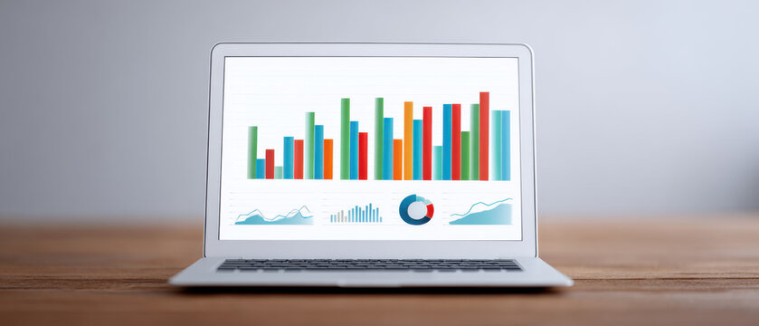 Laptop displaying colorful bar graphs and pie charts indicating business growth and financial analysis