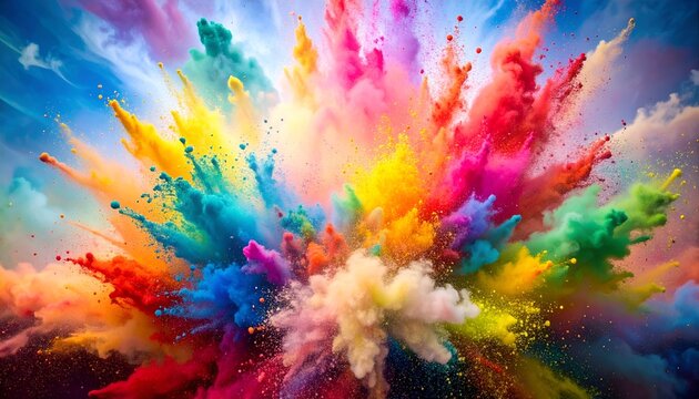 A vibrant explosion of colorful powder against a bright blue and cloudy sky