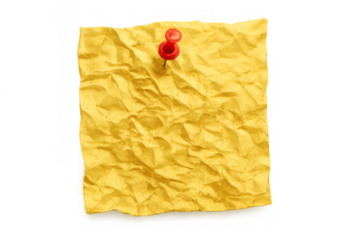 Yellow crumpled paper note with red pushpin holding it, a reminder for message, schedule or communication, transparent background