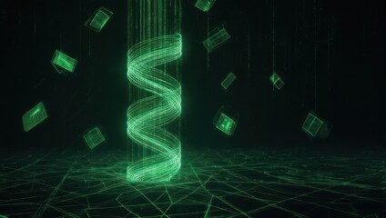 Abstract Green DNA Helix with Digital Grid and Floating Cubes.