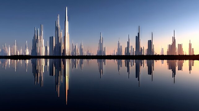 A vast, futuristic cityscape with towering, angular skyscrapers is silhouetted against a gradient sky, its reflection mirrored perfectly in the still water belo
