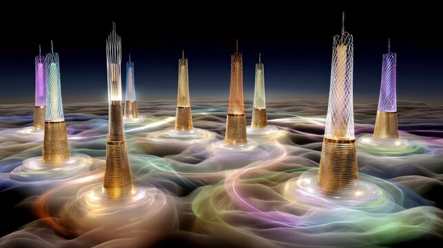 A surreal landscape featuring numerous tall, slender towers with glowing tops, emerging from swirling, colorful clouds against a dark sky.