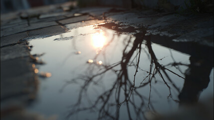 Naklejka premium 水たまりに映る木々と夕日の反射