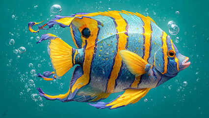 A vibrant tropical cartoon fish with vibrant yellow-blue stripes, exaggerated fins flowing like ribbons, a cheerful smiling expression, a glossy texture, soft ocean light, and scattered bubbles.