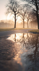 Naklejka premium 水たまりに映る木々と夕日の反射
