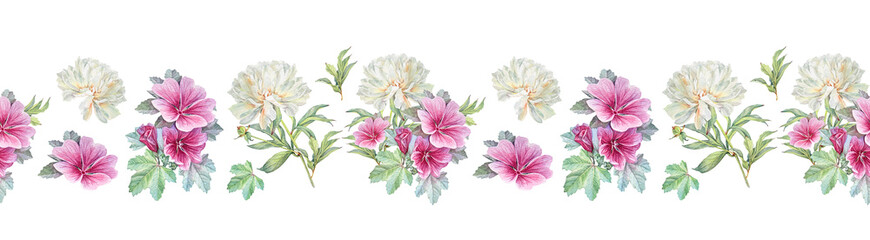 Watercolor seamless border with purple malva and peony on white background. Spring pink flower with leaves for wedding celebration. Botanical summer wrapping or wallpaper. Sketchbook coloring book